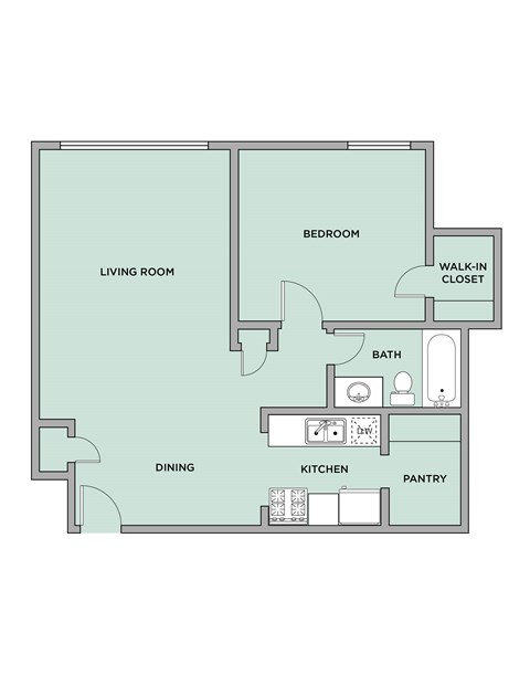 Floor plan for 1 bed, 1 bath, 650 sqft